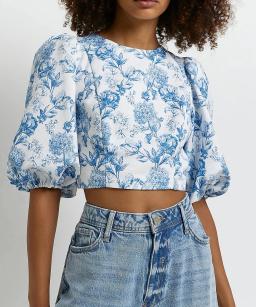 River Island Blue Floral Backless Cropped Top