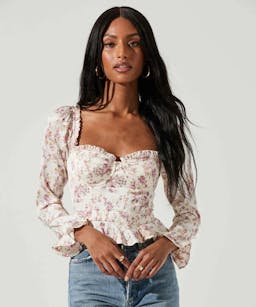 ASTR the Label Long Sleeve Sweetheart Cinch Bust Floral Top