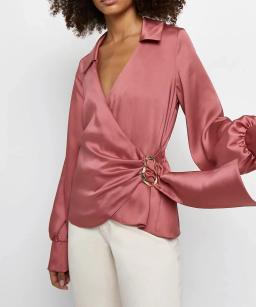 River Island Pink Satin Wrap Blouse