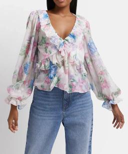 River Island Pink Floral Frill Blouse