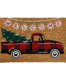 Briarwood Lane Red Checkered Truck Christmas Coir Doormat Natural Fiber Welcome