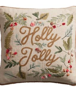 Ivory And Gold Embroidered Holly Jolly Throw Pillow