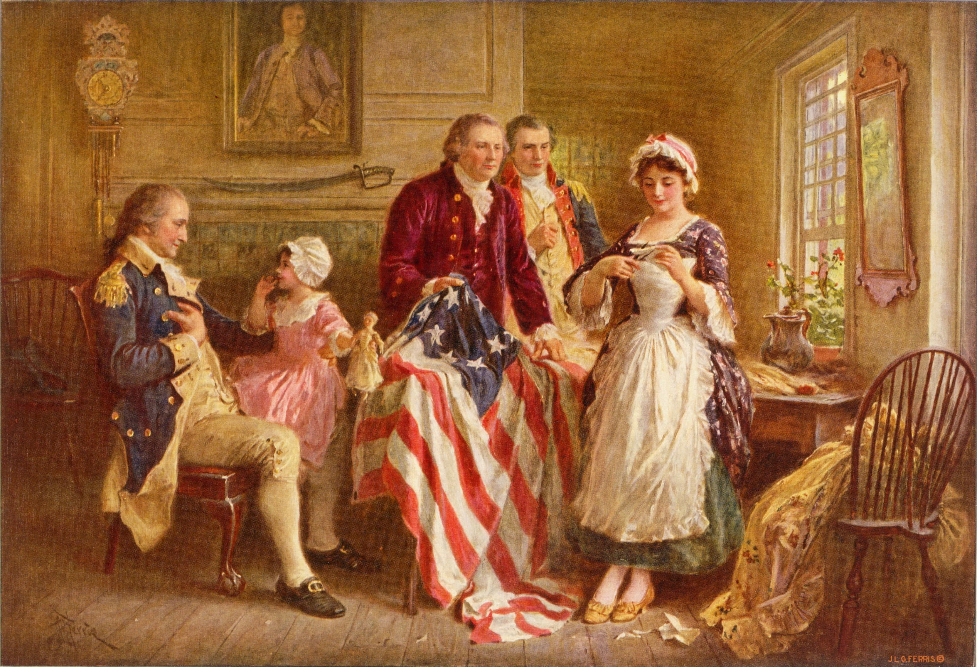 Betsy Ross by Jean Leon Gerome Ferris, 1777, Public domain, via Wikimedia Commons